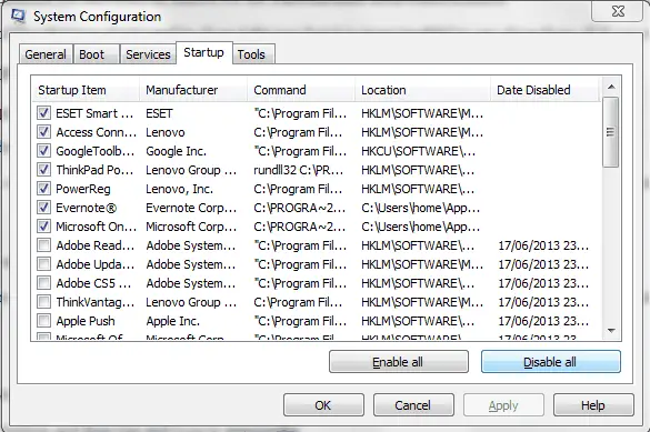 msconfig startup