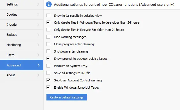 Advanced Settings CCleaner