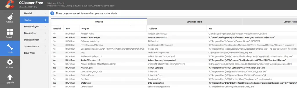 CCleaner64 startup programs