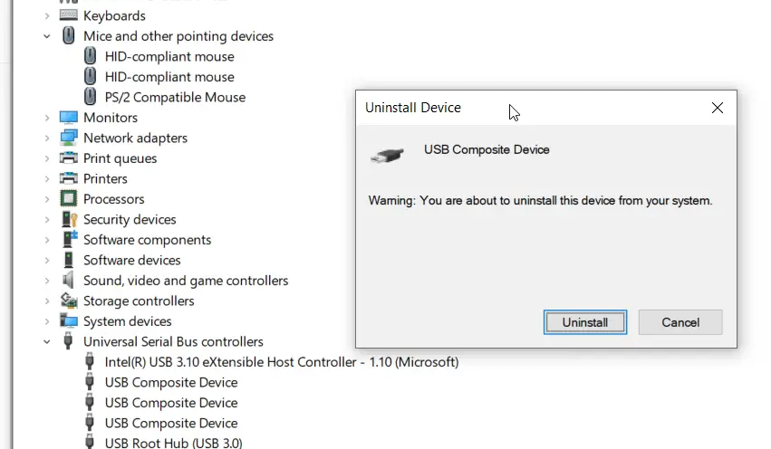 usb mouse not working on laptop - Device Manager showing uninstalling a problematic device